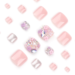 Elegante französische rosa künstliche Zehennägel mit 3D-Blumendesign und Glitzersteinen