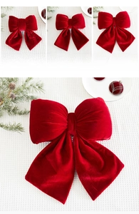 Three sizes of red velvet festive bows with precise dimensions and soft texture details
