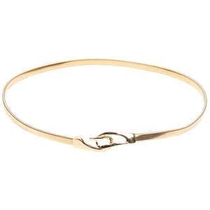 Detail shot of the golden metal spring waist belt featuring its elegant hook buckle closure