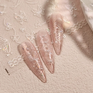 Butterfly Nail Art Stickers White Embossed Laser Holographic Decals Lace Bow Design Elegant Manicure Decoration