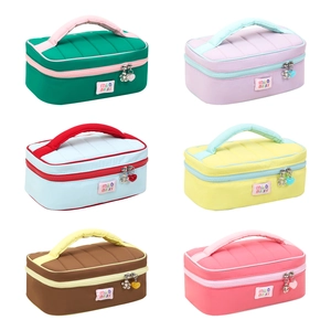 Large macaroon color block cosmetic bags for travel, quilted texture and top handle