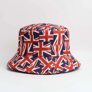 Classic bucket hat with full UK flag print in red, white and blue, summer sun accessory