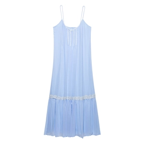 Light blue spaghetti strap dress with white lace trim and crinkle texture fabric