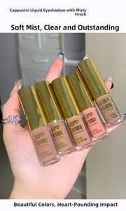 Five shades of matte and shimmering liquid eyeshadow in clear tubes with gold caps