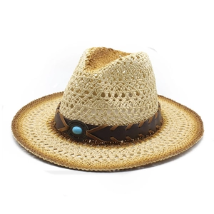 Cappello Di Paglia Cowboy Western Traspirante Protezione Solare Tesa Arrotolabile Fascia Ecopelle Turchese Vintage Bohemien Viaggio