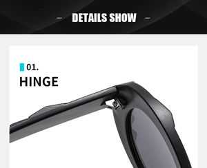 Detail shot showing the sturdy reinforced metal hinge of the black round sunglasses