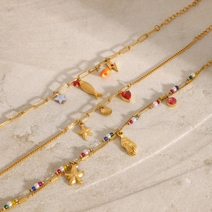 18K gold plated stainless steel ocean bracelet set with starfish and pearl charms