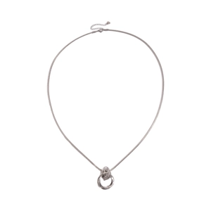 Silver geometric multi-layered round pendant necklace with snakeskin chain on white background