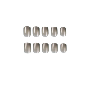 Short square cat eye press-on nails with grey gradient magnetic glitter effect