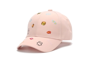 Detail of pink cotton baseball cap featuring colorful bear and lion embroidery