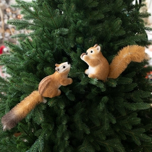 Lifelike brown squirrel Christmas tree ornaments with soft faux fur texture set of two