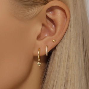 Close-up of gold star earrings and zirconia hoop set worn on model ear for detail