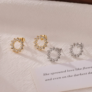 Boucles Oreilles Puces Rondes Acier Inoxydable Zircon Étincelant Fleur Minimaliste Tendance Luxe Accessoires Femmes