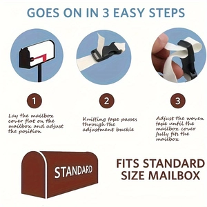 Three-step installation guide of decorative mailbox cover with adjustable black buckles