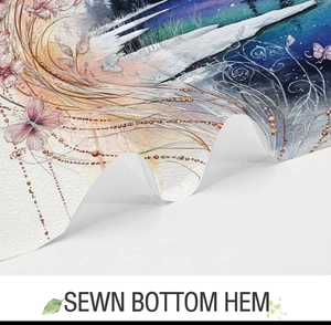 Detail of sewn bottom hem on sun and moon tapestry with fantasy butterfly prints