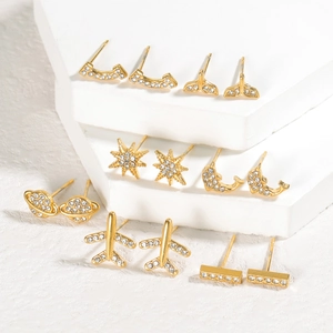 Minimalist Stainless Steel Rhinestone Stud Earrings Gold Plated Dolphin Star Plane Fish Tail Shape Fashion OL Jewelry For Women