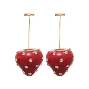 Elegant strawberry drop earrings with red resin and sparkling rhinestones on gold studs