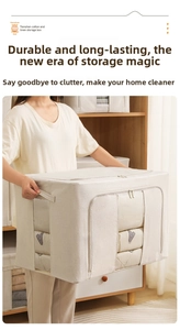 Close-up of linen storage box with dual zippers and large transparent viewing windows