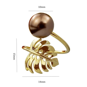 Detailed dimension guide showing 10mm brown pearl and leaf design on golden ring