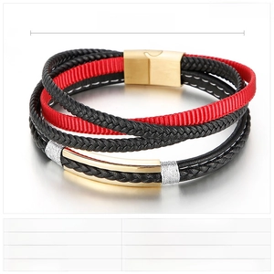 Detail of multi-layer leather bracelet featuring stainless steel magnetic clasp and weaving
