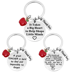 Stainless steel teacher appreciation keychain with red apple charm and thank you pendant