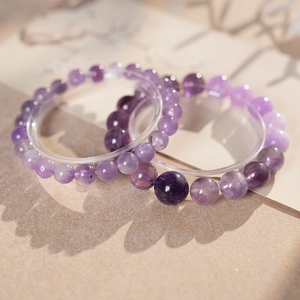 Detailansicht von zwei durchscheinenden lila Amethyst-Perlenarmbändern mit Lichtschatten