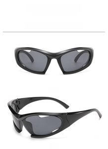 Front and side view of Y2K black sports wrap sunglasses with sleek futuristic frame