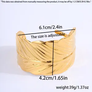 Detailed size chart for the adjustable gold feather hollow cuff bangle showing dimensions