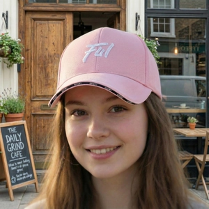 Pink stylish baseball cap with sport ribbon brim and logo embroidery for women