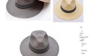 Close-up of woven straw hats in grey and beige with decorative bands and texture