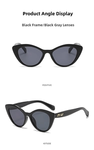 Detail shot of black cat-eye sunglasses featuring golden mw logo on the temple