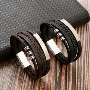 Brown and black multilayer woven leather bracelets with metal magnetic clasp in dual set