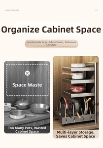 Detailed view of adjustable multi-layer metal kitchen rack organizing pots and pans