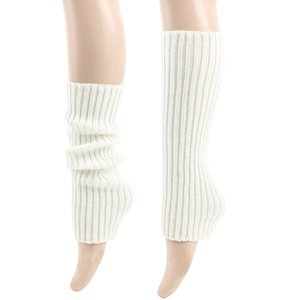 Detailed view of white knitted leg warmers showing both slouched and straight styling