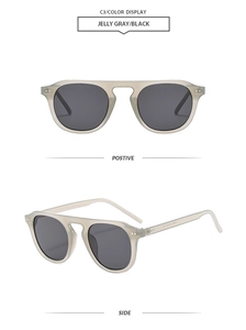 Detailed views showing jelly gray frames and black lenses of vintage square sunglasses