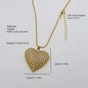 18K gold plated copper heart necklace with full cubic zirconia stones and size specs