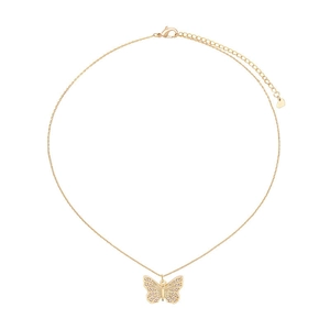 Elegant gold titanium steel butterfly pendant necklace with zircon stones on white background