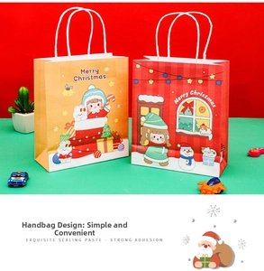 Detailed view of Christmas kraft paper gift bags with cartoon snowman and reindeer patterns