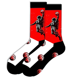 Detail of red crew socks with astronaut dunking pattern and striped basketball soles