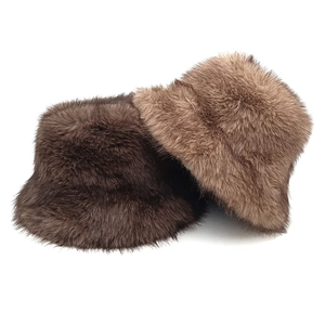 Winter fluffy faux fur bucket hats for women in brown and beige tones, warm retro style
