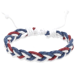 Detail of red, white, and blue braided cotton cord bracelet with adjustable knot closure