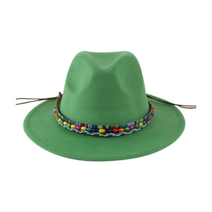 Green wool felt fedora hat featuring colorful ethnic beadwork and a bohemian woven band