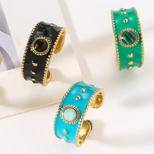 Vintage wide gold-plated enamel rings with natural stones in black, green, and blue