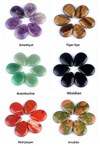 Variety of six teardrop natural stone pendants including Amethyst and Tiger Eye for DIY