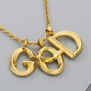 Polished gold stainless steel necklace with GOD letter pendant and fine link chain
