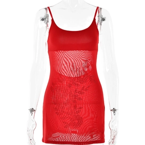 Red bodycon mini dress with spaghetti straps and rhinestone floral mesh overlay