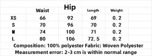 Tableau des tailles pour jupe en satin pour femmes avec mesures XS-L et détails du tissu