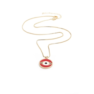 Golden Evil Eye pendant necklace with red border and colorful zircon stones on white background