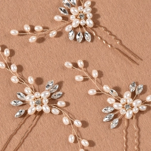 Set di 3 forcine dorate da sposa con perle bianche e fiori di cristallo scintillanti