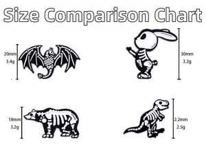 Size comparison chart for skeleton animal enamel pins showing dimensions and weights